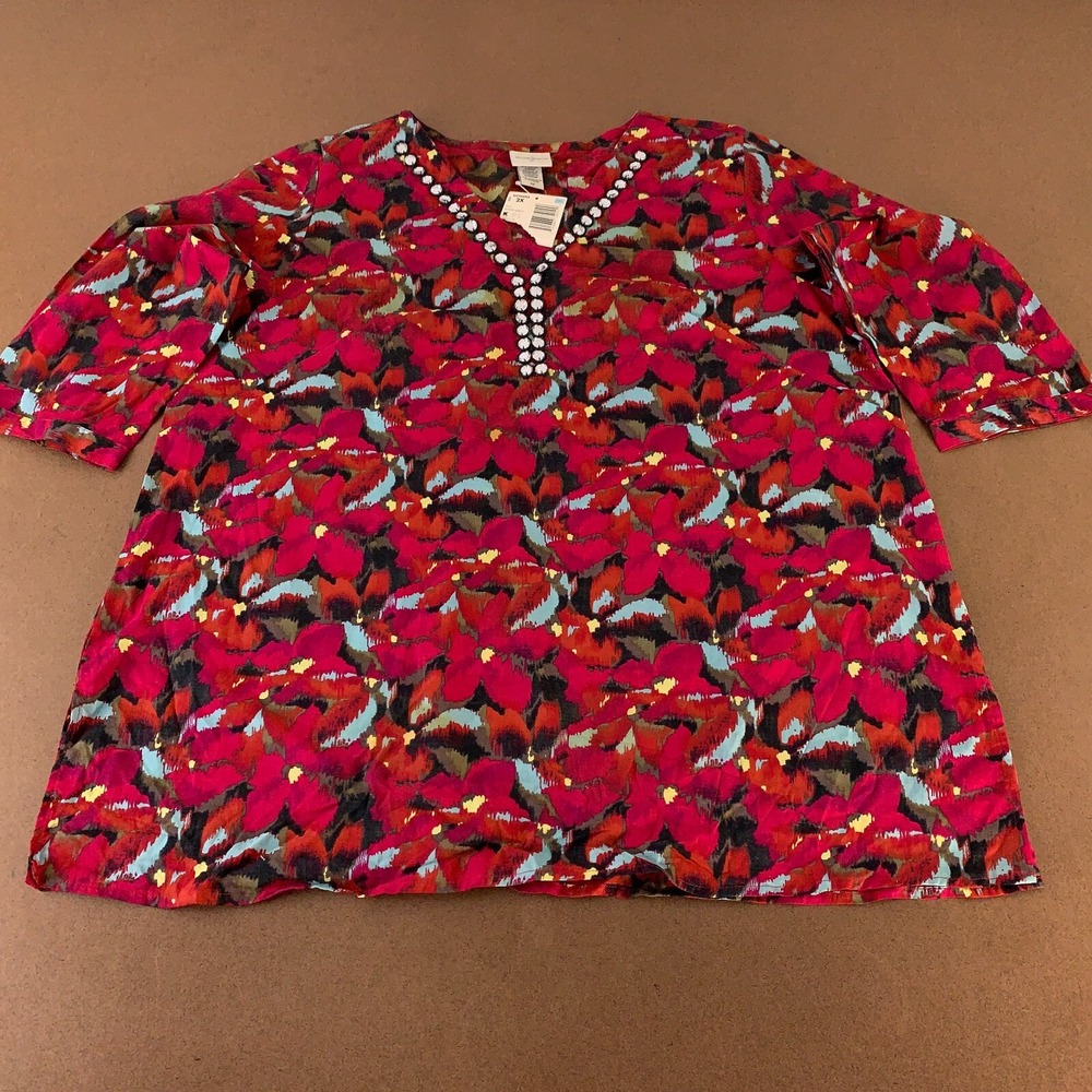 Jaclyn Smith Women's 2X Red Floral Print 3/4 Sleeve V Neck Pullover Blouse NWT